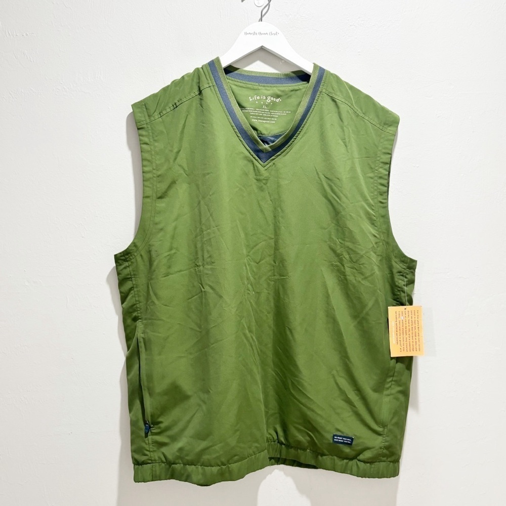 New LIFE IS GOOD GOLF Men’s Green Blue Golf Vest V-Neck Lined Jake Logo Size XL